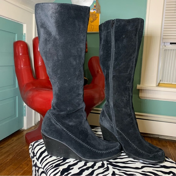 Tall Black Wedge Heeled Boots - Picture 3 of 5